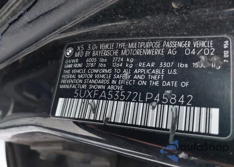 2002 BMW X5 3.0I z USA, uszkodzony, nr VIN 5UXFA53572LP45842